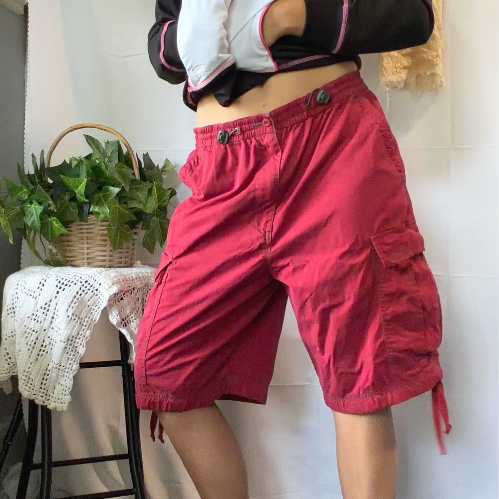Y2K Grunge Red Cargo Shorts Womens 36 Elastic Toggle Waist Utility Gorpcore